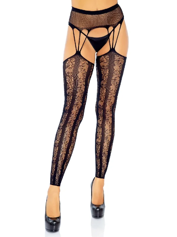 black women garters for eleganceLace Footless Stockings With Attached Fishnet Garter Belt - Black