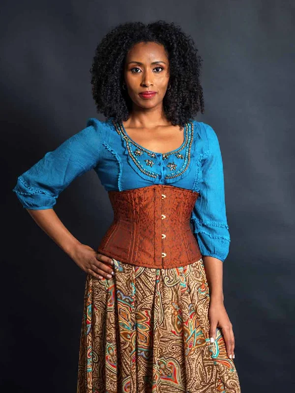 zip front women bustiers and corsets designLimited Edition Cinnamon Brocade with Gold Busk Romantic Curve Standard Underbust Corset : CS-411