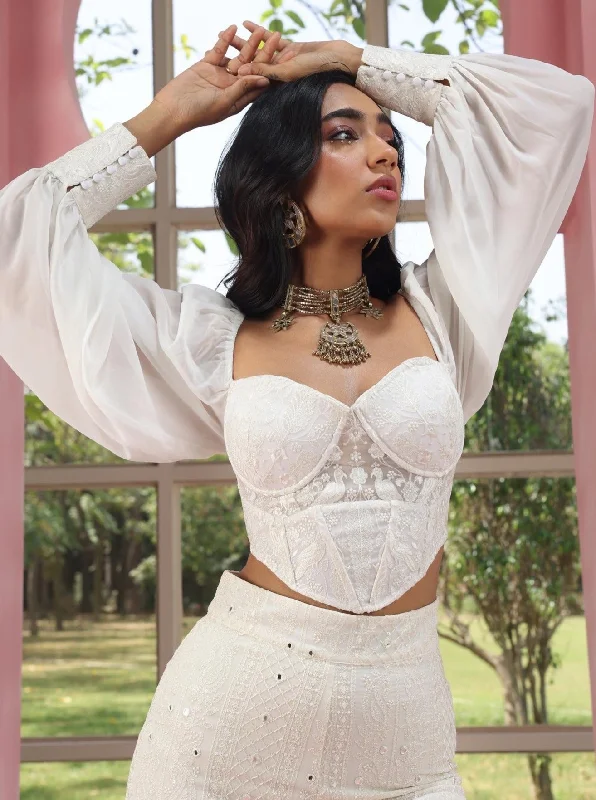plus size women bustiers and corsetsRuhiya White Embroidered Georgette Corset Top