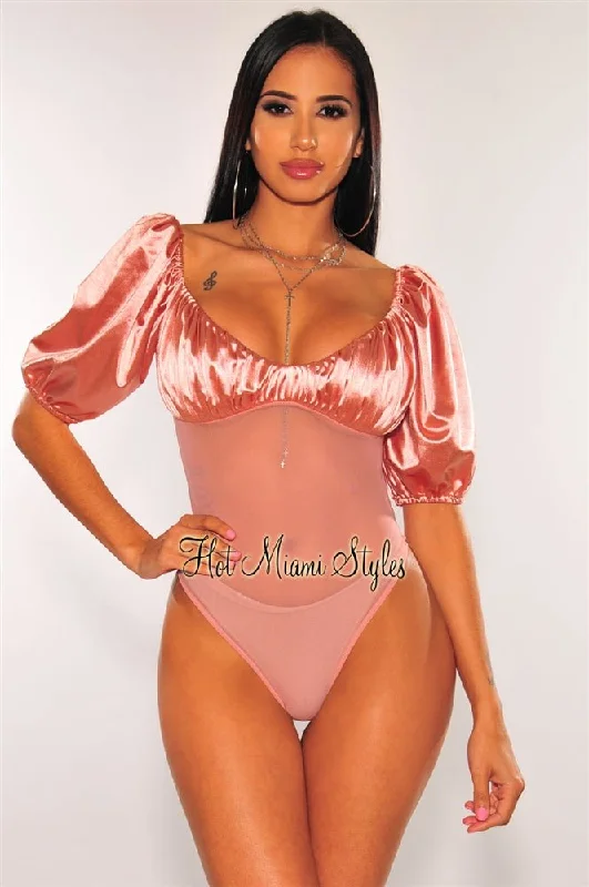 Organic Cotton Bodysuits for an Eco - Friendly and Comfortable OptionMauve Satin Balloon Sleeves Mesh Bodysuit