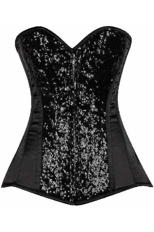 satin fabric women bustiers and corsetsTop Drawer Black Sequin Steel Boned Corset