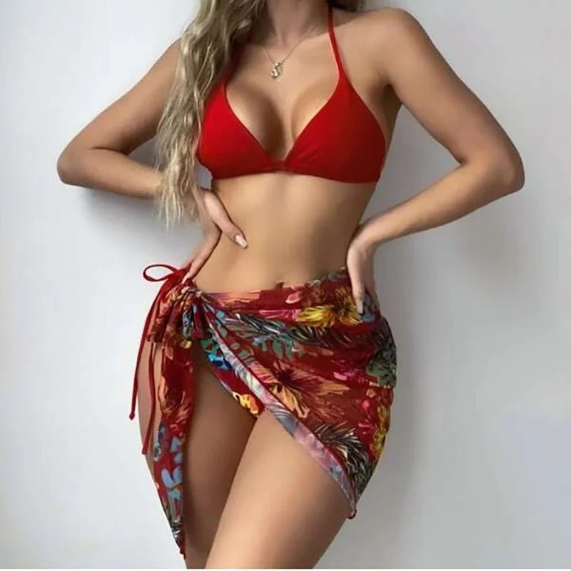 chlorine resistant women bikini briefs for pool useBonnie Three Piece High Waist Bikini Swim Suit Set