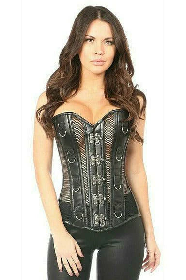 Women's Corset Style Lingerie Faux Leather & Fishnet Steel Boned Corset