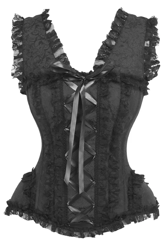burlesque women bustiers and corsetsTop Drawer Black Brocade & Lace Steel Boned Corset w/Cap Sleeves