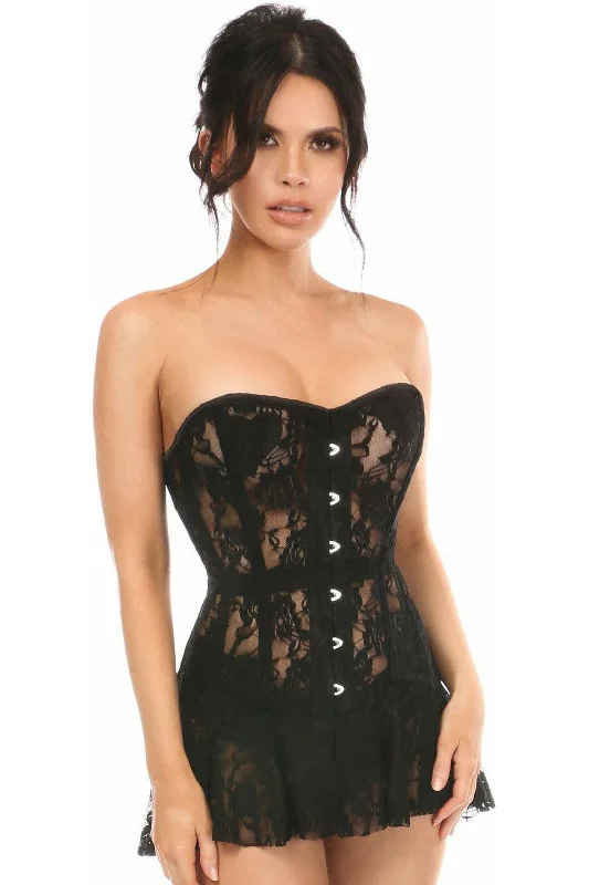 satin fabric women bustiers and corsetsLavish Black Sheer Lace Corset Dress