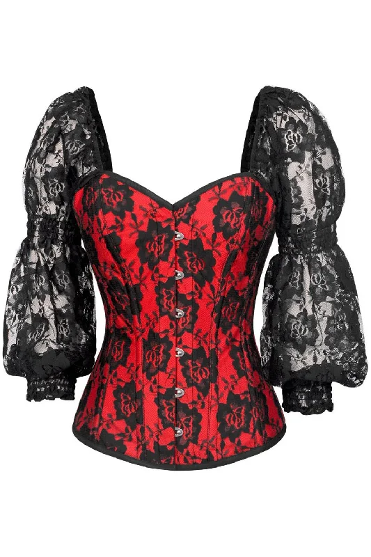 longline women bustiers and corsetsTop Drawer Red w/Black Lace Steel Boned Long Sleeve Corset