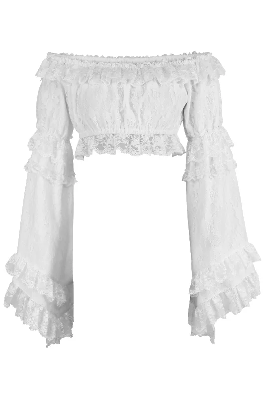 workout women bustiers and corsets supportWhite Lace Smocked Flare Sleeve Peasant Top