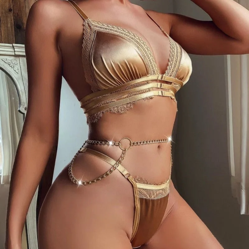 strapless women sexy lingerie optionsKhaki Sexy Lingerie Lace Patchwork Underwear with Chain Garters 3-Piece Corset  Set