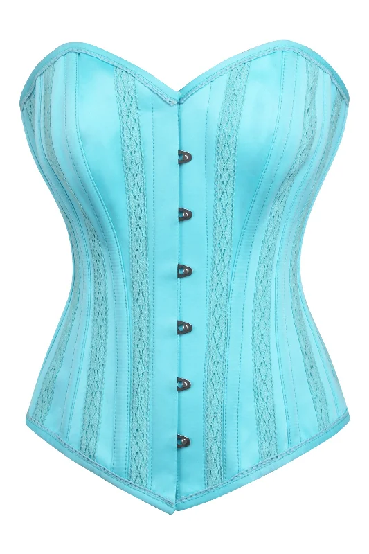 petite women bustiers and corsetsCyan Blue Satin Overbust with Lace trim detailing