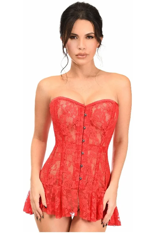 modern women bustiers and corsets trendsLavish Red Sheer Lace Corset Dress