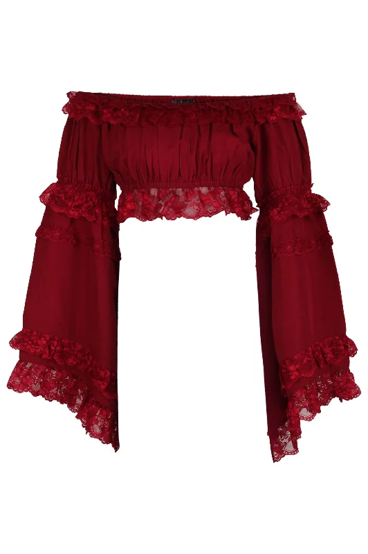 bridal women bustiers and corsetsDark Red Smocked Flare Sleeve Peasant Top