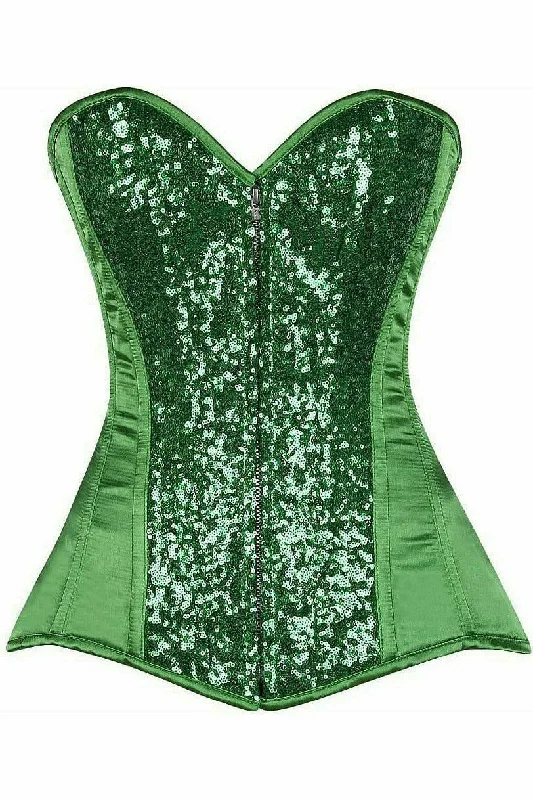 Women's High Waist Lingerie Bodysuits Green Sequin Steel Boned Corset
