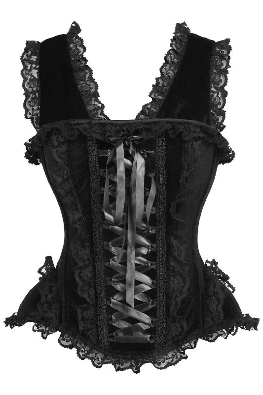 minimalist women bustiers and corsetsTop Drawer Black Velvet & Lace Steel Boned Corset w/Cap Sleeves