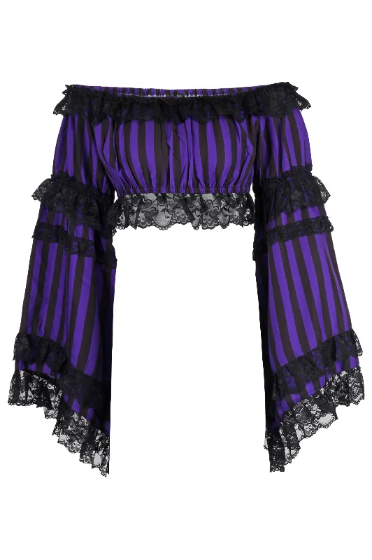 high - waisted women bustiers and corsetsBlack/Purple Striped Smocked Flare Sleeve Peasant Top