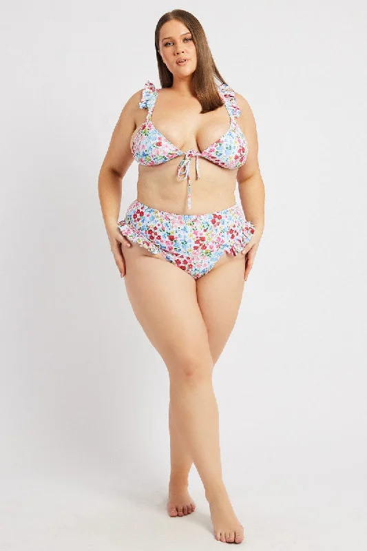 petite women bikini briefs for a flattering fitMulti Floral Frilly Bikini Set with Bow Detail