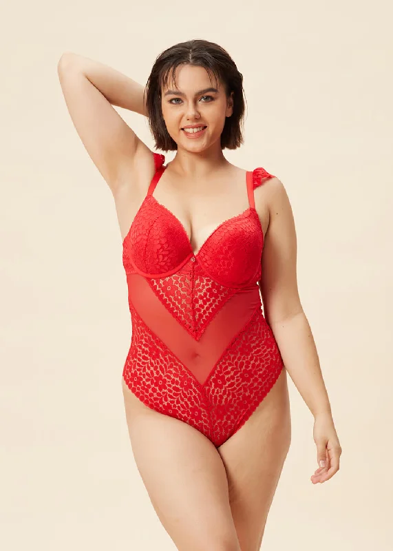 Plus - Size Bodysuits with a Comfortable and Flattering FitAMINA Plus Lace Push-up Bodysuit Red Sexy Lingerie