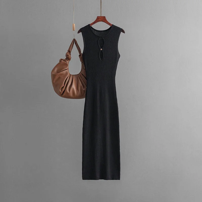 see through women sexy lingerie stylesNew summer sexy hollow knitted sleeveless round neck slim dress female