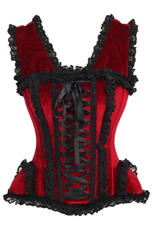 low - cut women bustiers and corsetsTop Drawer Dark Red Velvet & Lace Steel Boned Corset w/Cap Sleeves