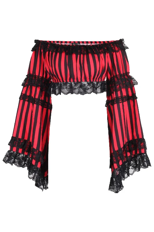 rhinestone embellished women bustiers and corsetsBlack/Red Striped Smocked Flare Sleeve Peasant Top
