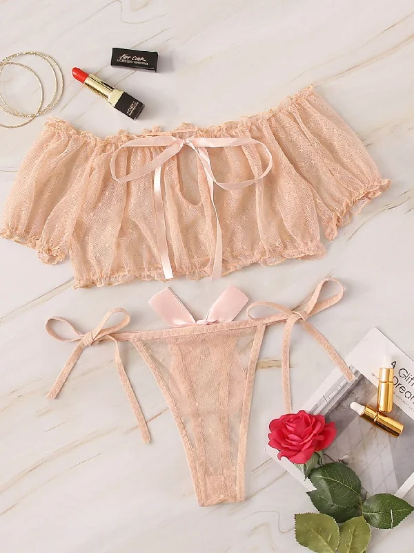 seamless women thongs for invisible under tight dressesBardot Top & Tie Side Thong Sheer Lingerie Set