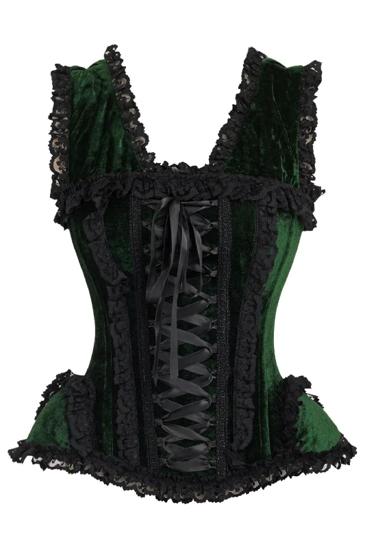 adjustable women bustiers and corsets fitTop Drawer Dark Green Velvet & Lace Steel Boned Corset w/Cap Sleeves