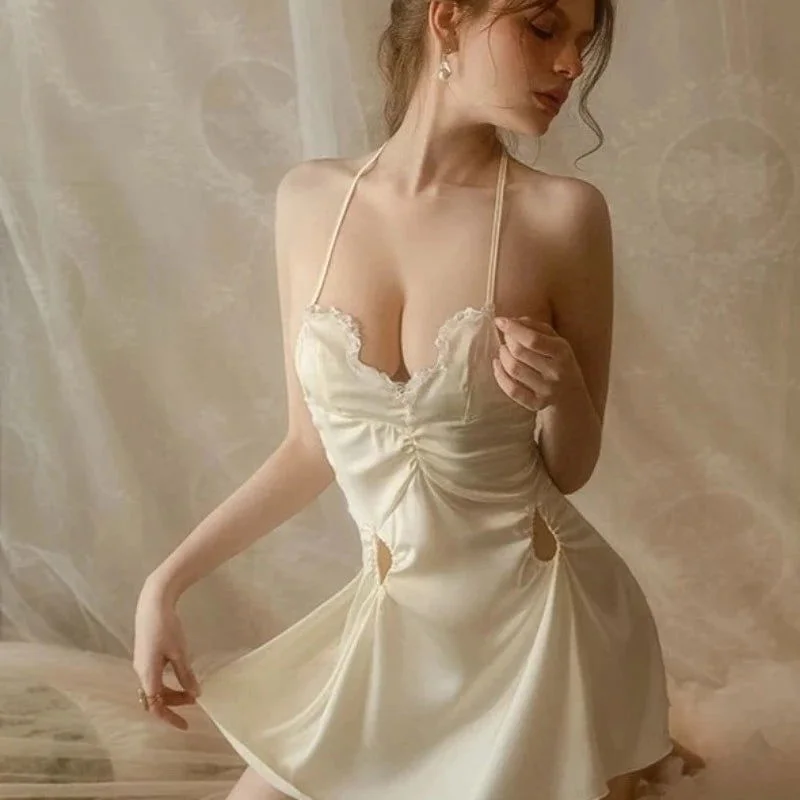 adjustable women sexy lingerie strapsSilky Sexy Beige Nightdress with Chest Pad Lingerie