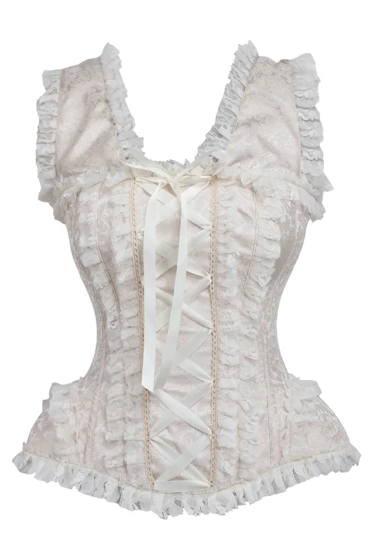 breathable women bustiers and corsets materialsTop Drawer Ivory Brocade & Lace Steel Boned Corset w/Cap Sleeves