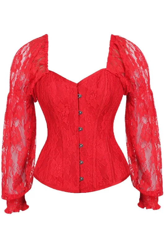 plus size women bustiers and corsetsTop Drawer Red w/Red Lace Steel Boned Long Sleeve Corset