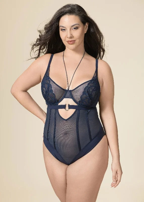 Long - Sleeve Bodysuits for Cold Weather LayeringCORA Plus Underwired Plunge Unlined Bodysuit with Detachable Neck Holder