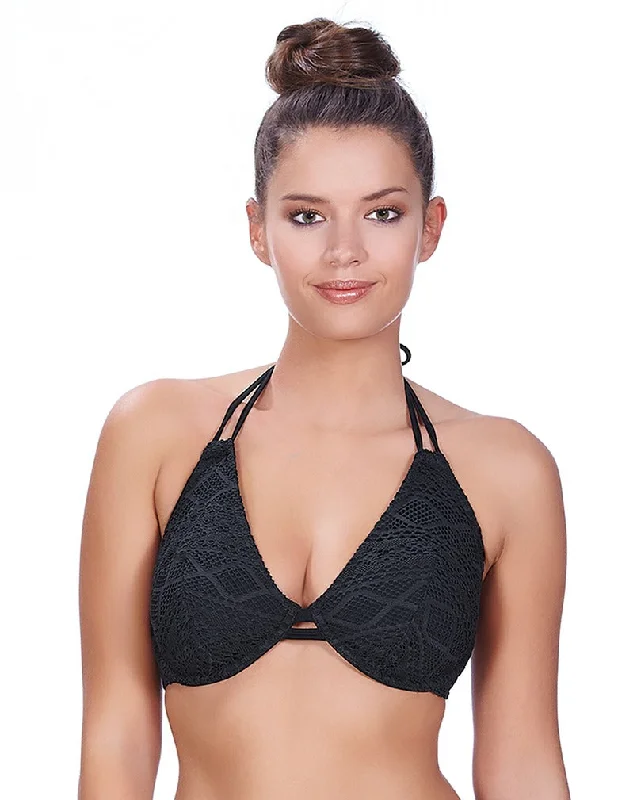 multi - way women bikini briefs for versatile stylingFreya Sundance AS3971 Black Underwire Bandless Halter Bikini Swim Top