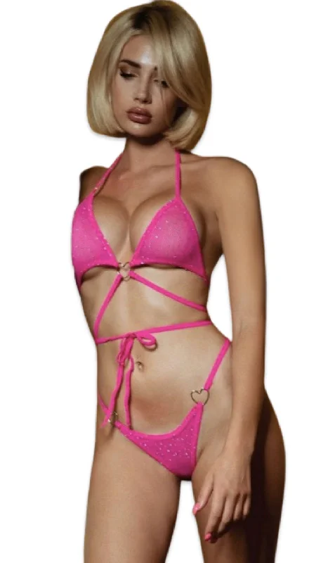 luxury brand women bikini briefs for high - end qualityRhinestone Two Piece Heart Bikini Neon Pink