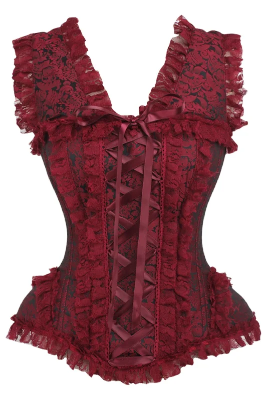 prom women bustiers and corsets dressesTop Drawer Red/Black Brocade & Lace Steel Boned Corset w/Cap Sleeves