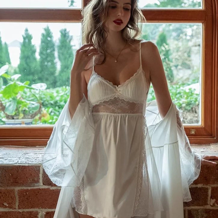 lace trimmed women sexy lingerieWhite Sexy Satin Slip Lace Nightdress Lingerie