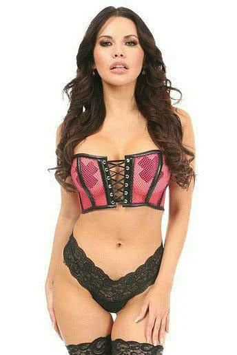 Sexy Lingerie for Women with Stockings Hot Pink Fishnet & Faux Leather Lace-Up Short Bustier Top