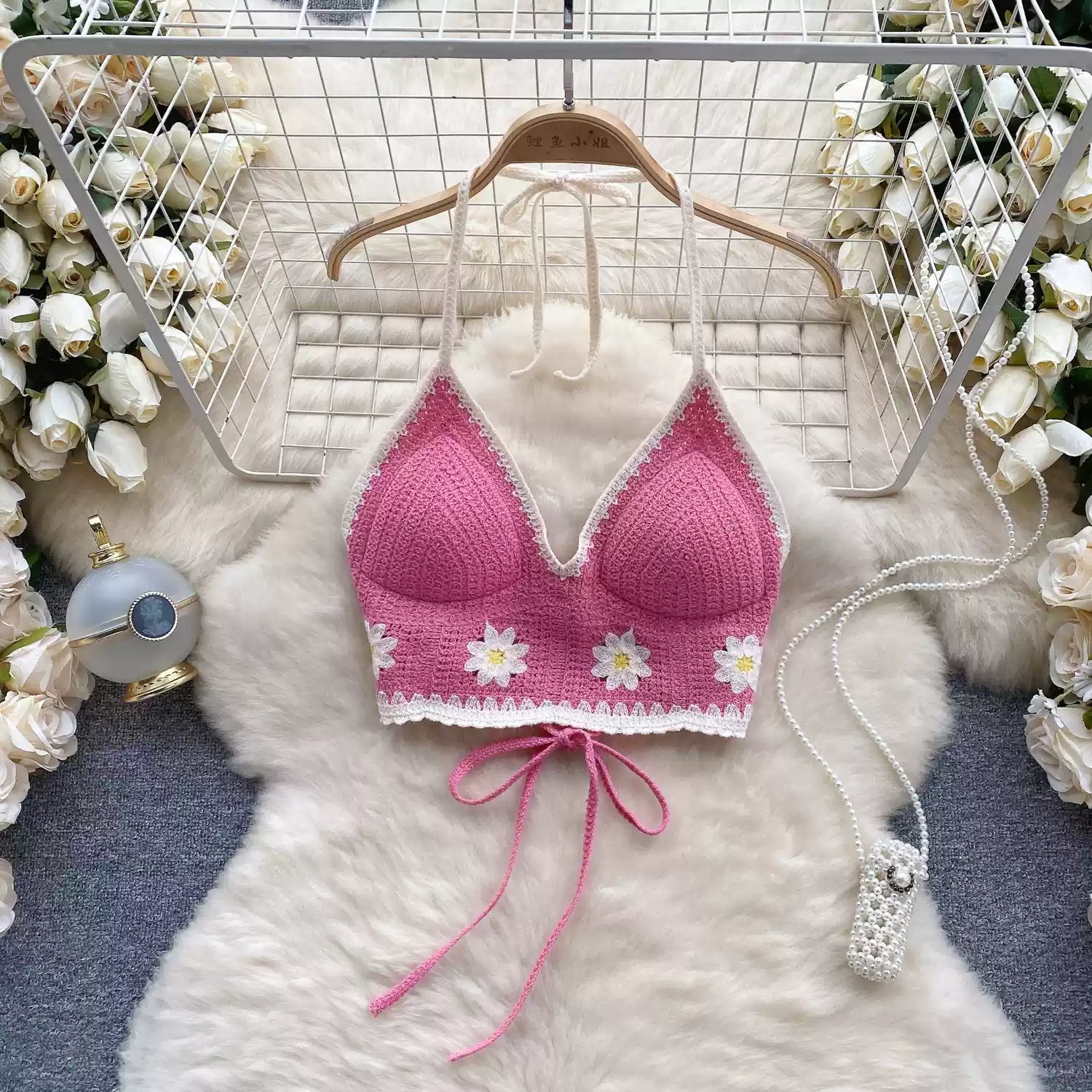 chlorine resistant women bikini briefs for pool useFloral Tie Knot Backless Crochet Bikini Top
