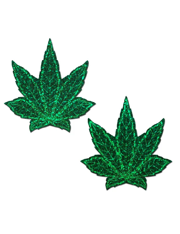 Vintage Inspired Lingerie for Women Pastease LFI-GLT-GR-P Indica Pot Leaf Glitter Green Nipple Covers