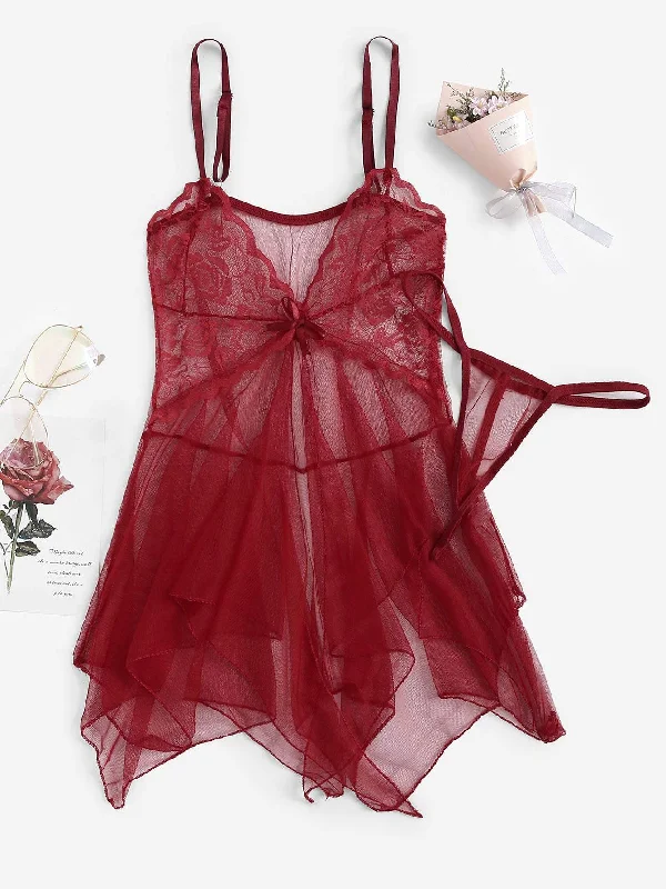 adjustable - strap women thongs for a customizable fitContrast Lace Asymmetrical Sheer Slips With Thong