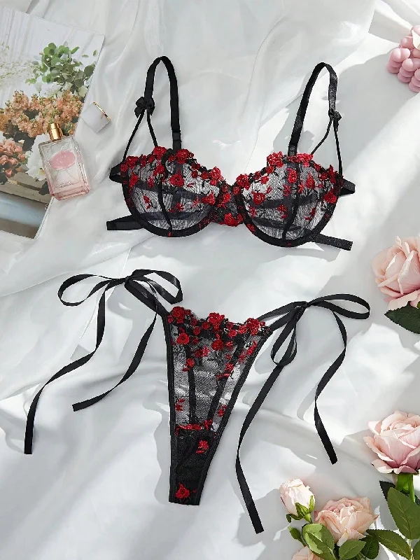 plus - size women thongs with wide - set straps for comfortWomen's Sxy Embroidered Floral See-Through Bra With Side Tied Thong Lingerie Set