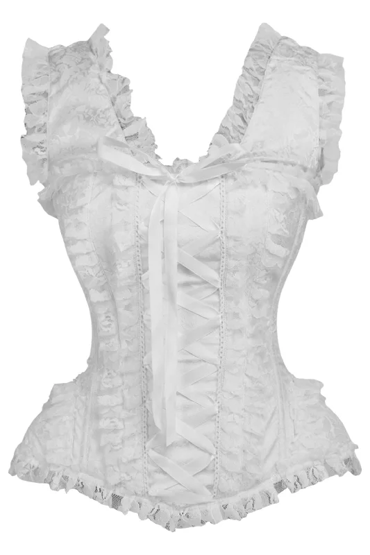 Victorian style women bustiers and corsetsTop Drawer White Brocade & Lace Steel Boned Corset w/Cap Sleeves