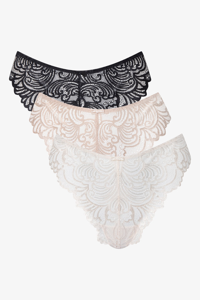 seamless thong - style swimwear for a smooth beach look3 Pack Lace Thongs Black, Natural & White
