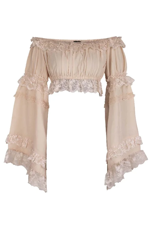 Victorian style women bustiers and corsetsBeige Smocked Flare Sleeve Peasant Top