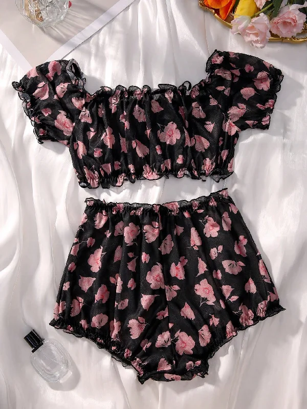 modern women sexy lingerie trendsClassic Sexy Floral Print Frill Trim Lingerie Set