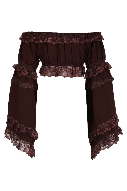 adjustable women bustiers and corsets fitBrown Smocked Flare Sleeve Peasant Top
