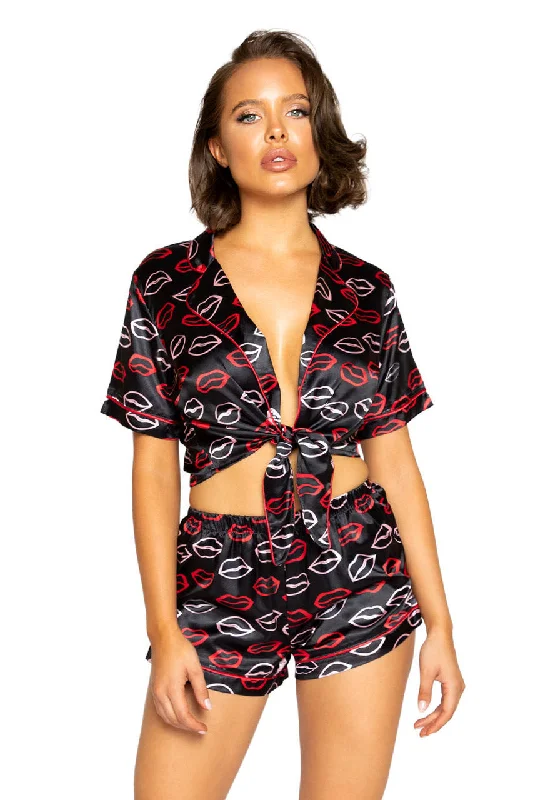 Women's Corset Style Lingerie Lip Print Satin Pajama Set