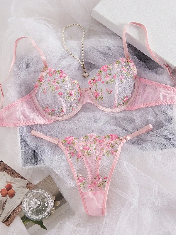 wireless women thongs for a comfortable and wire - free experienceWomen's Pink Floral Embroidered Mesh Camisole Bra And Thong Panty Lingerie Set