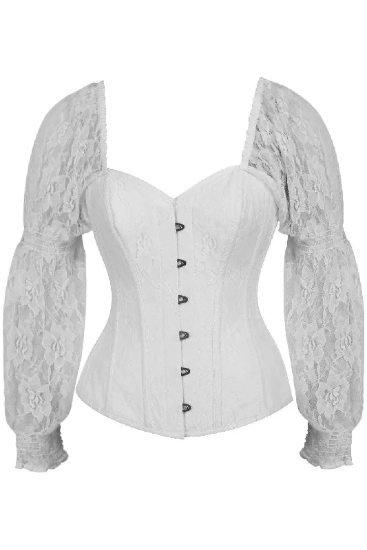 boned women bustiers and corsets structureTop Drawer White w/White Lace Steel Boned Long Sleeve Corset