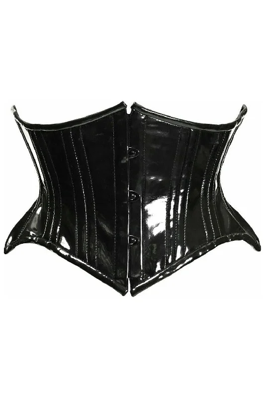 leather women bustiers and corsetsTop Drawer Black Patent PVC Vinyl Double Steel Boned Curvy Cut Waist Cincher