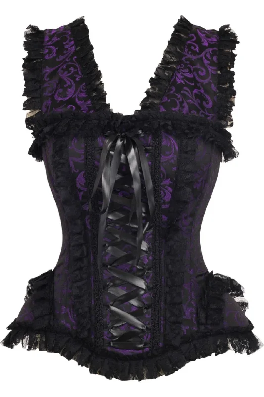 machine made women bustiers and corsetsTop Drawer Purple/Black Swirl Brocade & Lace Steel Boned Corset w/Cap Sleeves