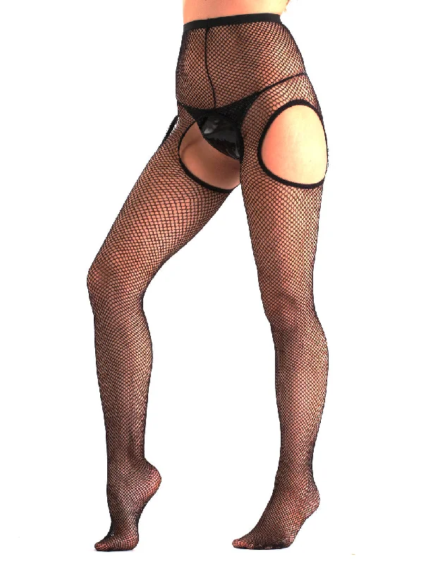 Women's Faux Leather Tight Trousers with Studded Details in Brown for an Edgy StyleFishnet Suspender Tights