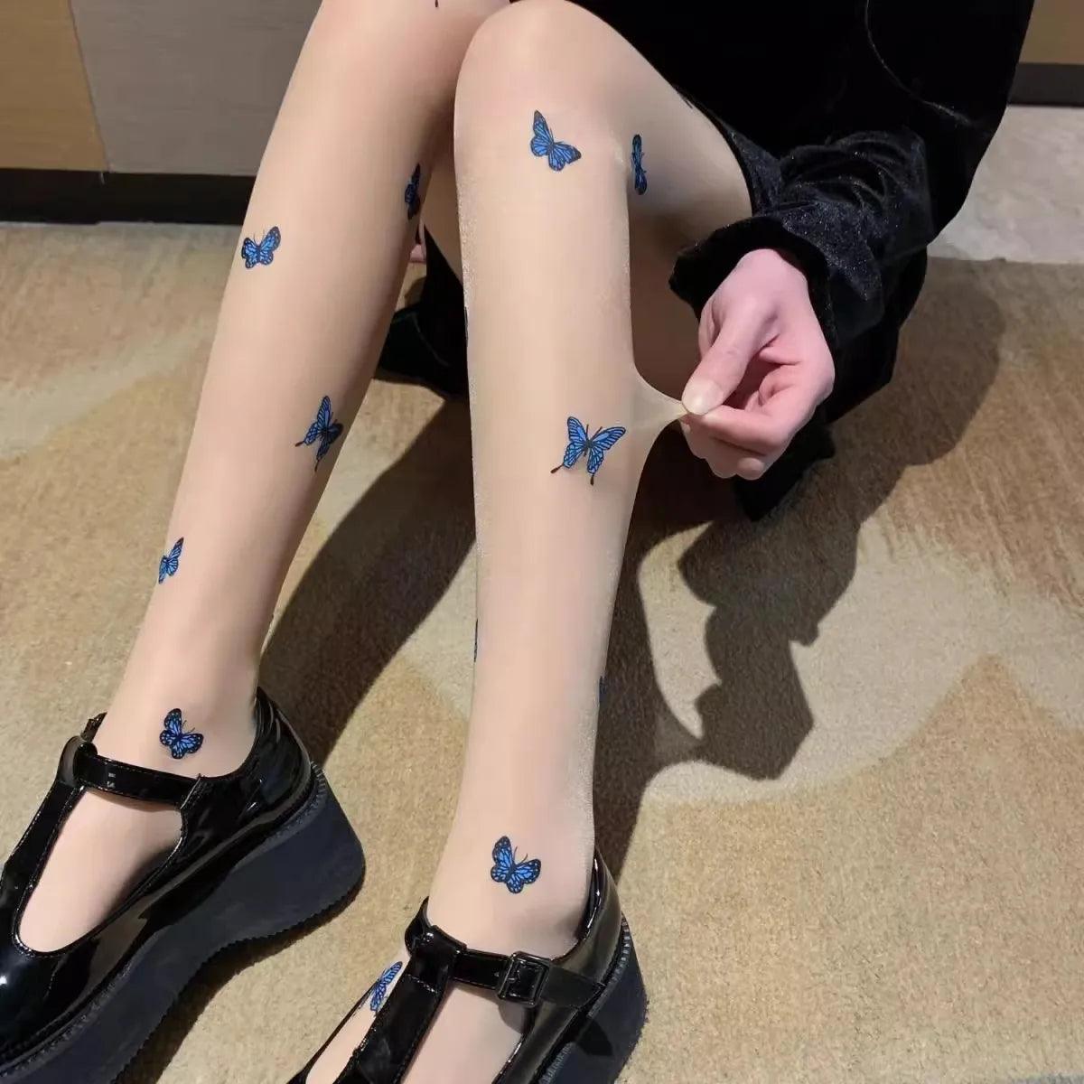 Plus Size Women's Plaid Tight Trousers in Multicolor for a Stylish and Classic LookHot Women Blue Butterfly Tights Vintage